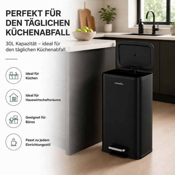 EverGrove Recycling Edelstahl-Mülleimer mit Fusspedal (Schwarz, 30, Liter)