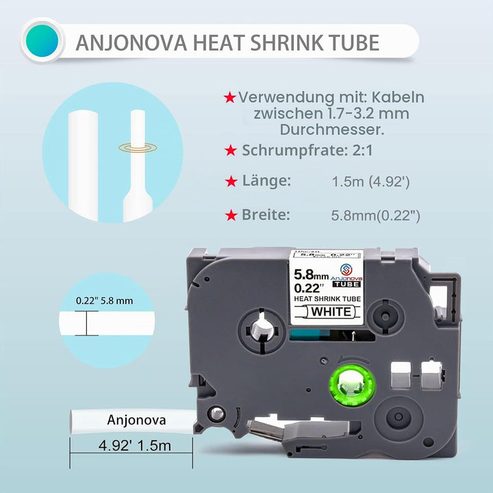 3X Kompatibel mit Brother P-Touch Schrumpfschlauch Hse-211 Hse211 5,8mm Schwarz auf Weiss Etikettenb