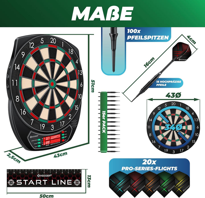 KESSER® Elektronische Dartscheibe Profi Set - E Dartboard mit 15 Dartpfeile + 35 Pro Flights 100 Pfe
