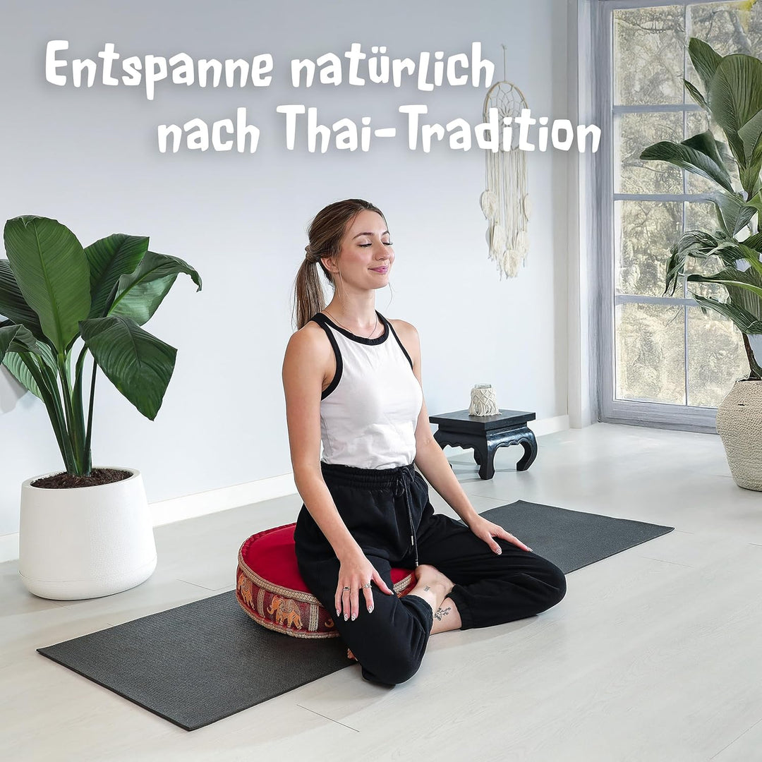 livasia Meditationskissen mit Thaiseide - Ø 45x15cm - Yogakissen mit Kapok, Pouf, Bodenkissen für Yo