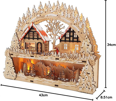 Wichtelstube-Kollektion Holzkunst LED Schwibbogen mit Podest Winterdorf im Erzgebirge Schwibbogen Li