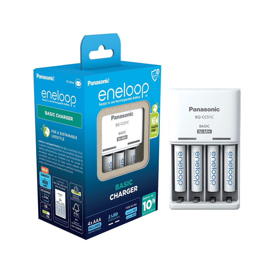 Panasonic eneloop Basic Ladegerät für 2 oder 4 AA/AAA NI-MH, mit 2 LED-Anzeigen und 6 Sicherheitsfun