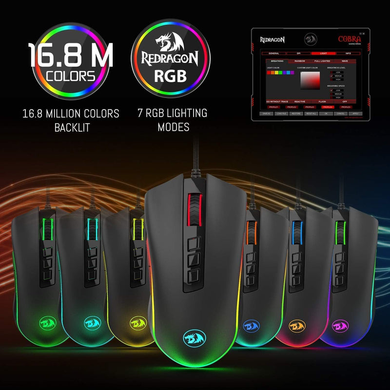 Redragon M711 Cobra Gaming Maus mit 16,8 Millionen RGB-Farben und Hintergrundbeleuchtung, 10.000 DPI