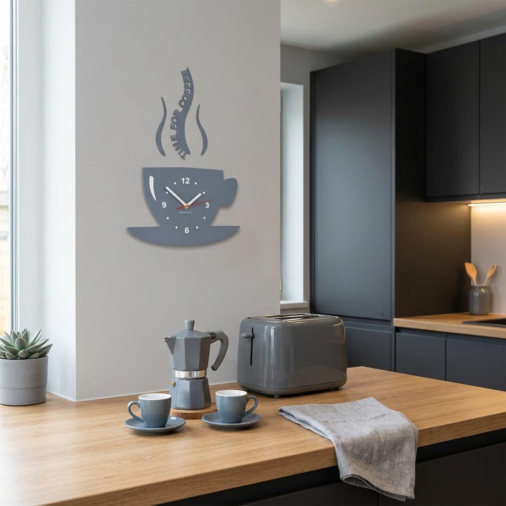 FLEXISTYLE Tasse Time for Coffee (Zeit für Kaffee) Moderne Küche Wanduhr grau, 3D römisch, wanduhr d