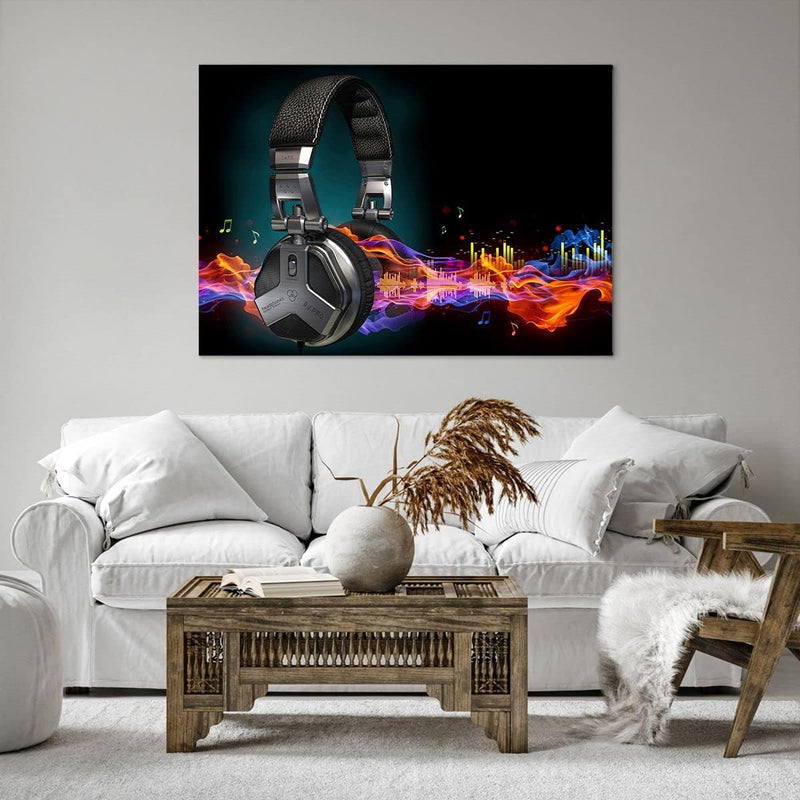 ARTTOR Bilder auf Leinwand 100x70cm Leinwandbild Feuer Audio Kopfhörer Gross Wanddeko Bild Schlafzim