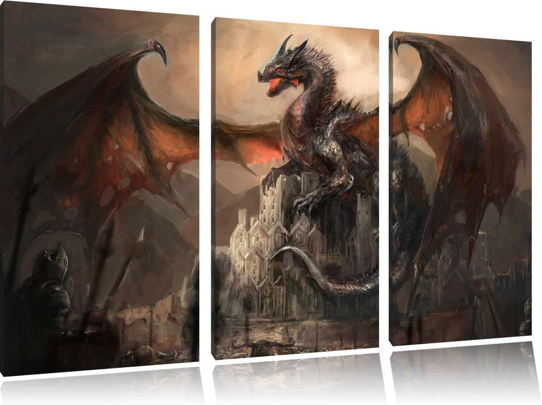 Pixxprint Drache schützend über Burg als Leinwandbild - Grösse: 3-Teilig (120x80cm) - Wandbild - Kun