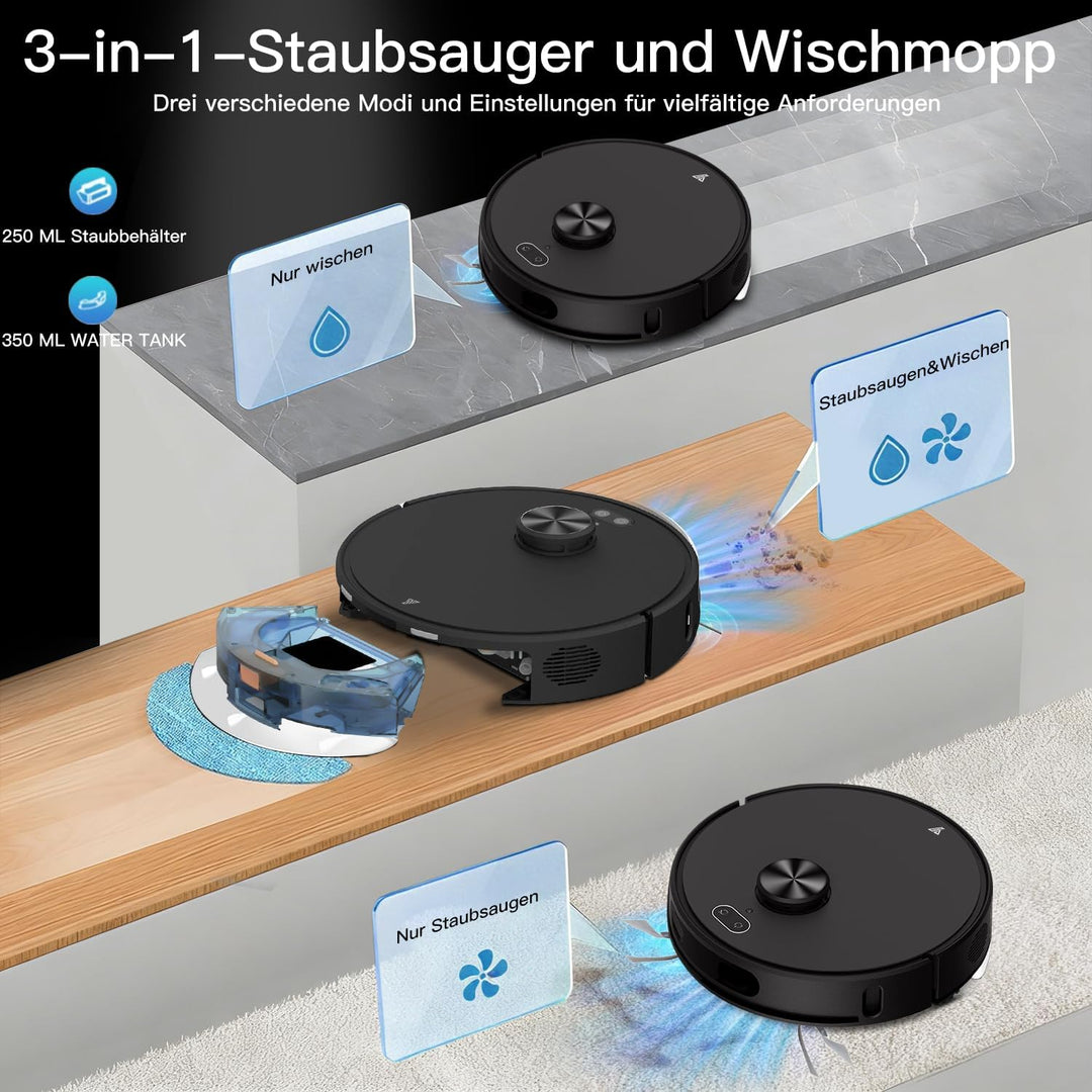 Saugroboter mit Wischfunktion, 8000Pa 200Min 70-Tage Freihändig Staubsauger Roboter mit Absaugstatio