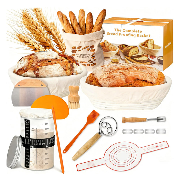 Sauerteig Starter Set, Backzubehör für Sauerteigbrot mit 2 Gärkorb (25cm Ovale & 23cm Runde), Sauert