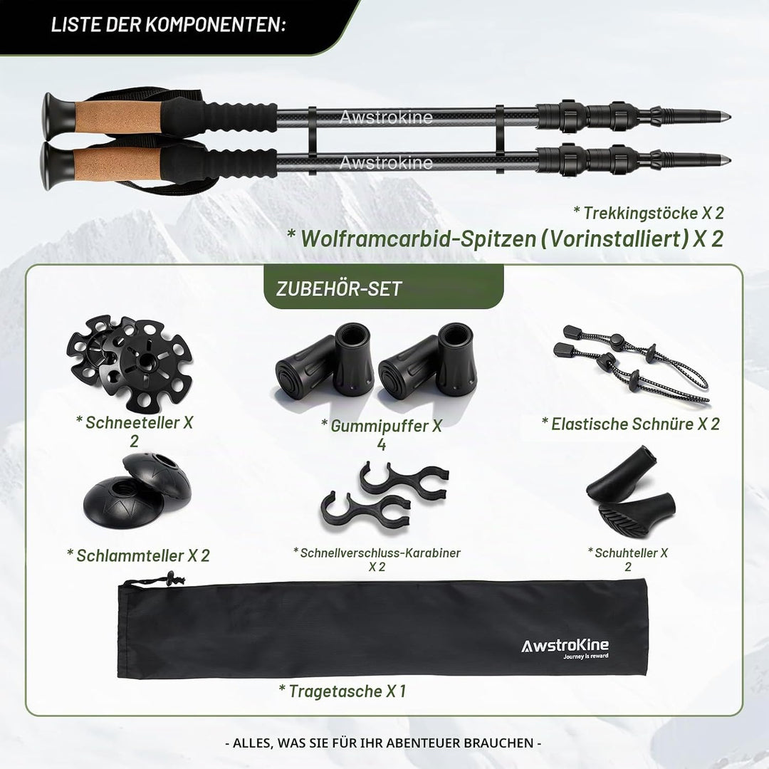3K Carbonfaser Teleskop-Wanderstöcke, Trekkingstöcke mit Korkgriffen und Schnellverschluss, inkl. Al