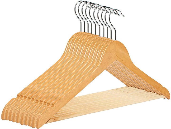 Kleiderbügel Holz 10 Stück Natur Holzkleiderbügel | mit Hosensteg | Damen | 38 cm | 360° drehbarer H