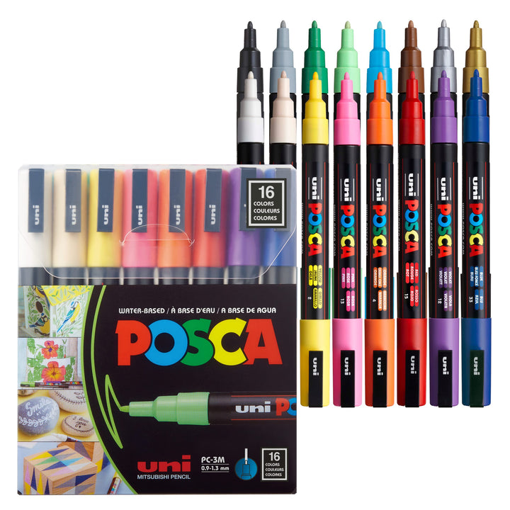 uni-ball 186516 - POSCA Marker mit feiner Rundspitze, 16er Set, Grundfarben