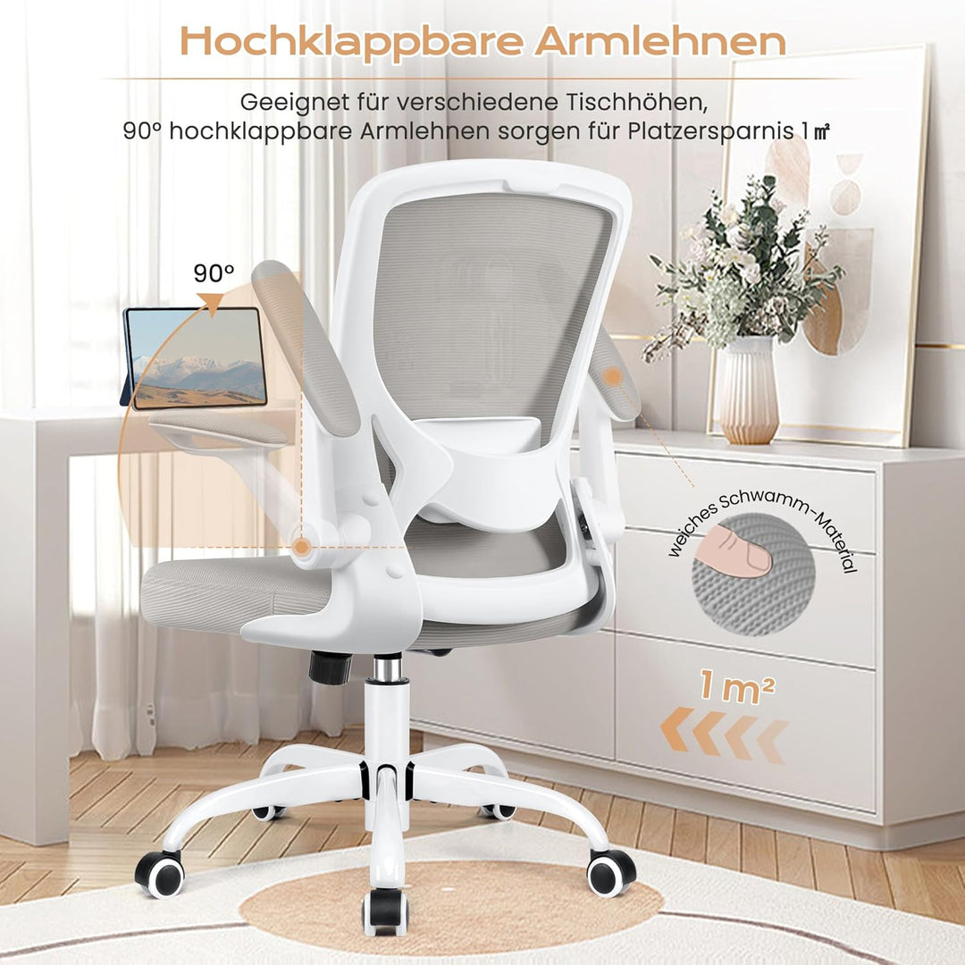 KERDOM Bürostuhl, Ergonomischer Schreibtischstuhl mit Klappbaren Armlehnen, 360° Drehstuhl Mesh Comp
