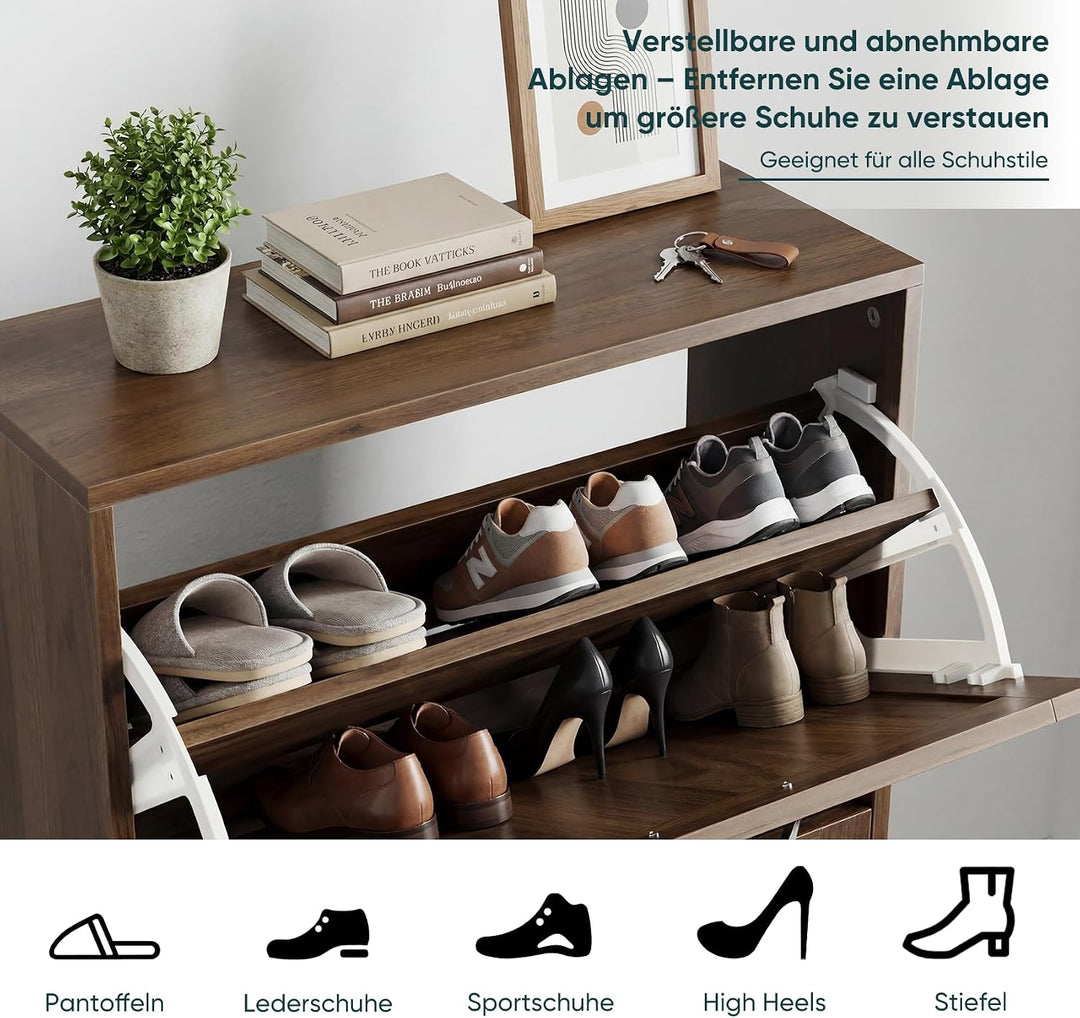 Semiocthome Zweilagiger Schuhschrank aus Holz mit Kipp-Mechanismus und Metallgriffen in Retro-Optik