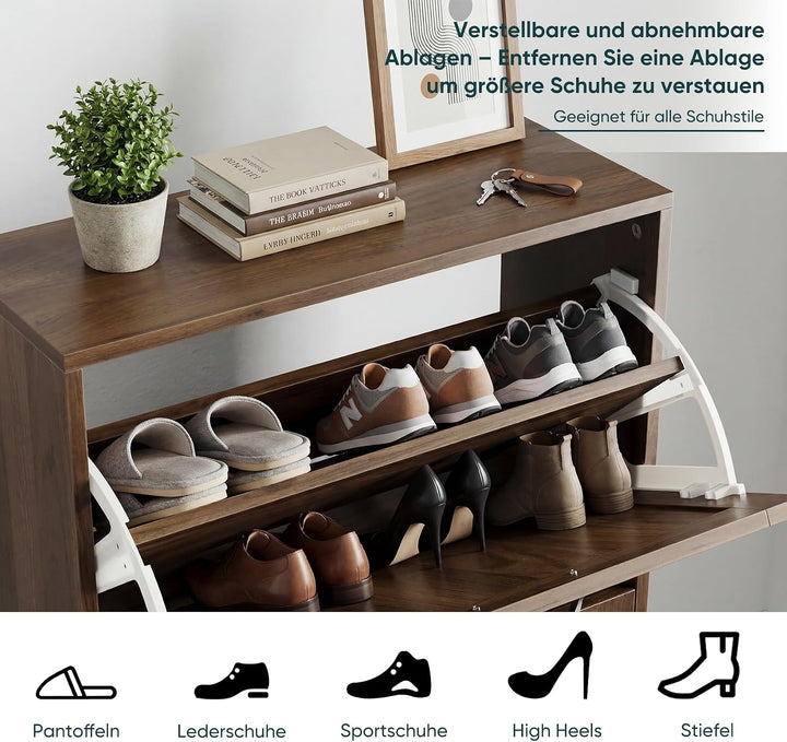 Semiocthome Zweilagiger Schuhschrank aus Holz mit Kipp-Mechanismus und Metallgriffen in Retro-Optik