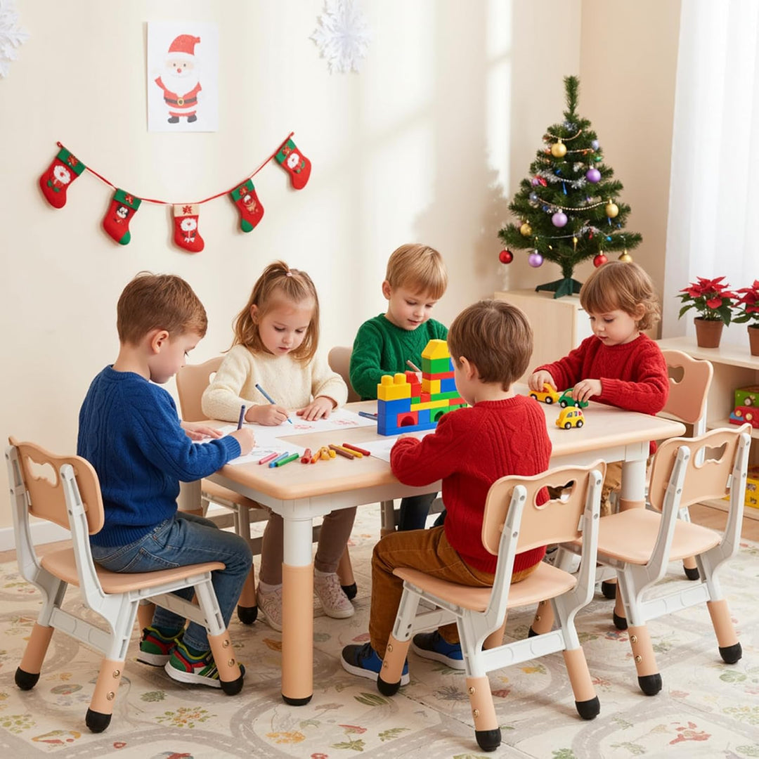 MAMIZO Kindertisch Packung mit 6 Stühlen, Kindertischgruppe Höhenverstellbar, Kinder Tisch Stuhl Set