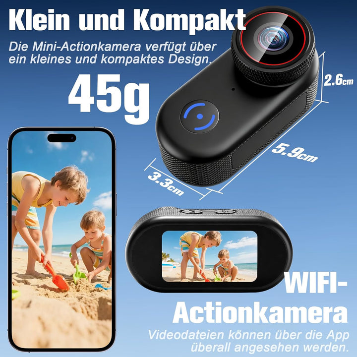 LXMIMI Action Kamera WiFi 4k, Magnetische Mini Action Kamera mit 1,47 Zoll Display, 16G WiFi Action