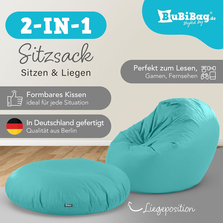 BuBiBag 2in1 Sitzsack L - XXL mit Füllung für Kinder &amp; Erwachsene, Gaming Beanbag &amp; Bodenkissen für