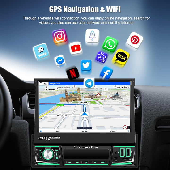 CAMECHO [Android 15] 2+64G 7 Zoll Autoradio 1 Din Wireless Carplay Touchscreen Navi Radio Ausfahrbar