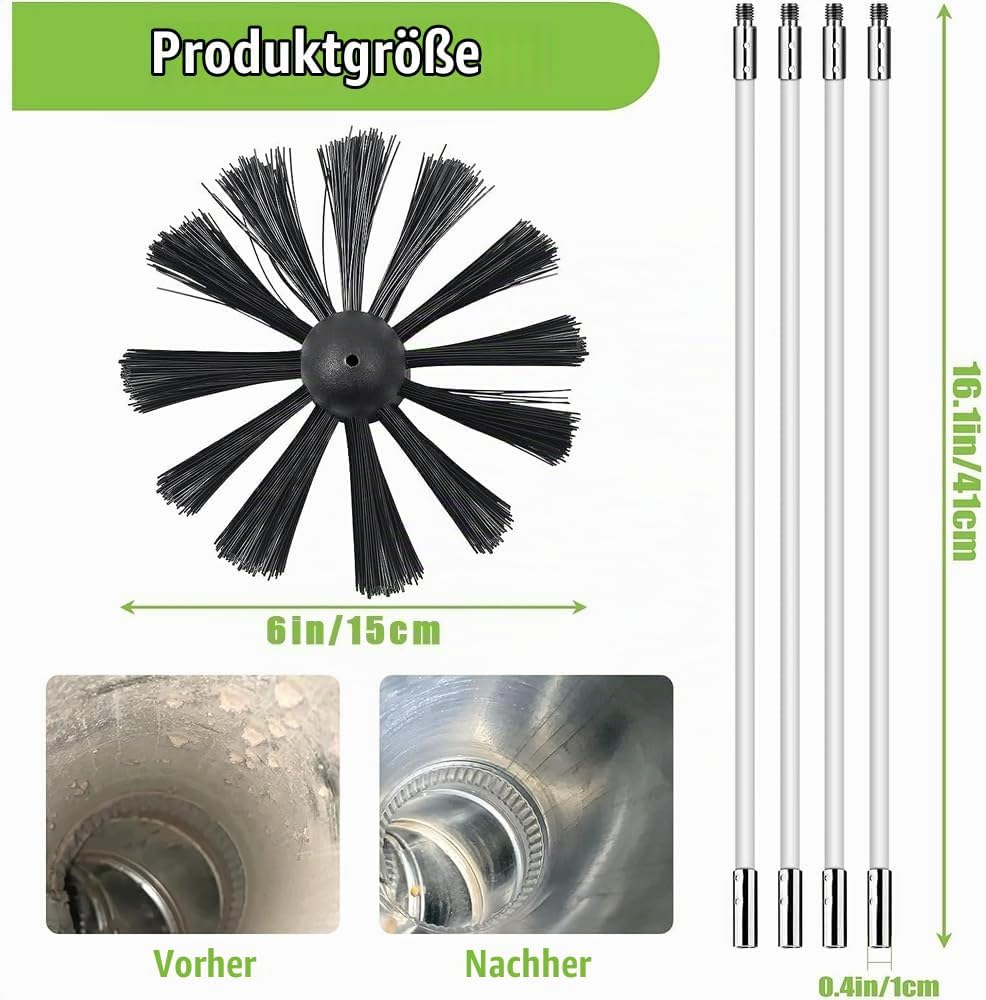 24 Stk Kaminbürste Stange Set mit 18 Flexible Stangen 410 mm+ 2 Bürstenköpfen 150mm + 1 Lange Holzbü