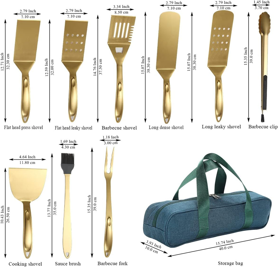 Kyraton Gold Grill Zubehör Kit 9 teilig, Grill Zubehör Set, Titan Gold Beschichtung Edelstahl mit Ba