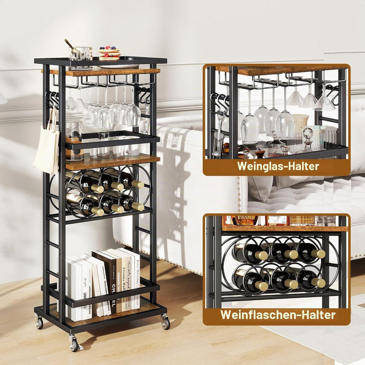 IBUYKE 4 Ebenen Weinregal mit Rollen,Freistehend Weinregal, Barwagen für Spirituosen, Whisky und Wei