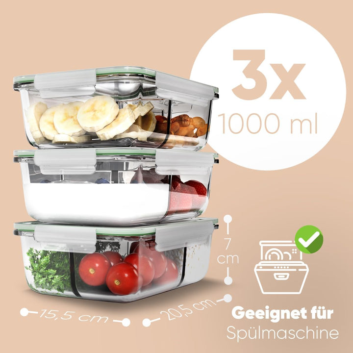 Meal Prep Boxen Glas mit Fächern | 3er Set | Glasbehälter mit Deckel | geeignet für Spülmaschine, Mi