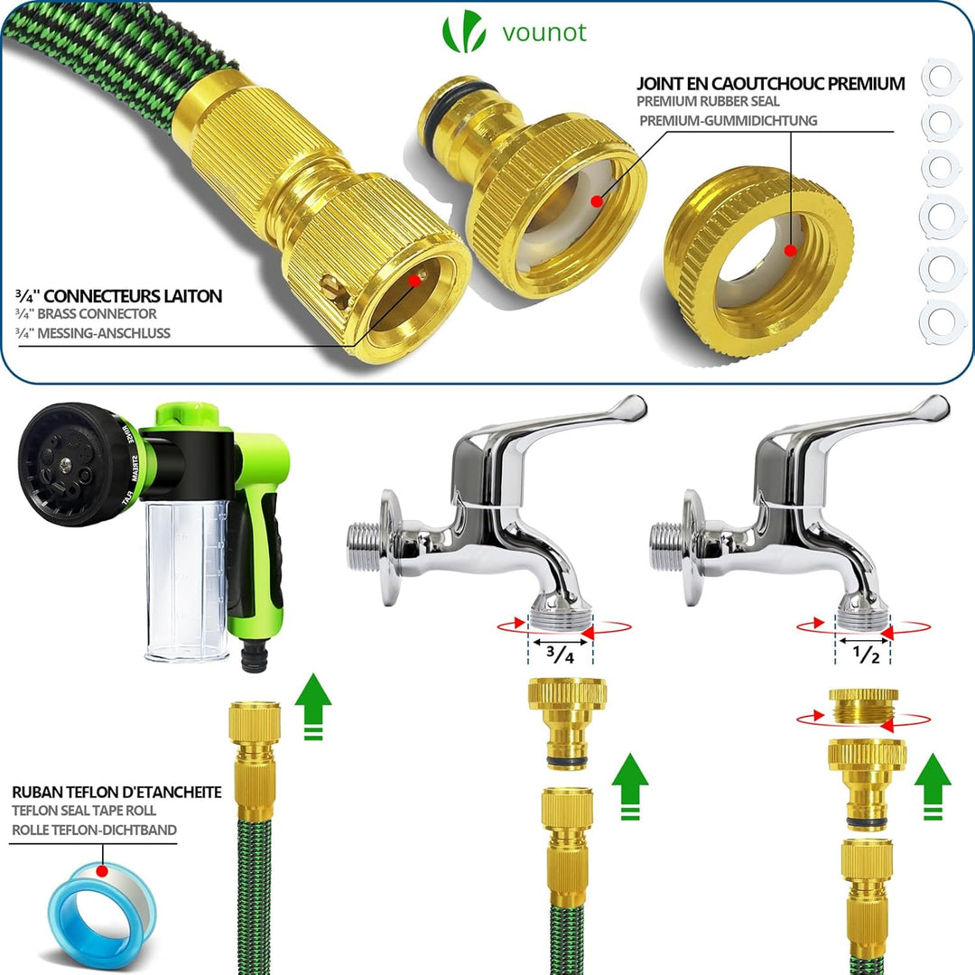 VOUNOT Flexibler Gartenschlauch 15 m, Flexibel Wasserschlauch Dehnbarer mit 8 Sprühfunktionen, Spülm