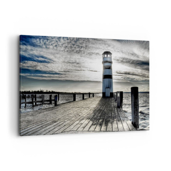 Bilder auf Leinwand 100x70cm Leinwandbild See Leuchtturm Holzbrücke Wasser Gross Wanddeko Bild Schla