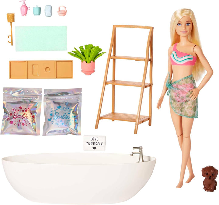 Barbie Self-Care Serie, Konfetti-Bad, Barbie-Puppe mit blonden Haaren, Badeanzug, Welpe,2 Konfetti-S
