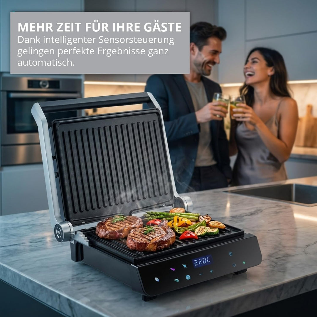 Eurel Kontaktgrill NG94 Elektrogrill 2000W | Panini Grill mit Smart Sensor, 180° aufklappbar, Garstu