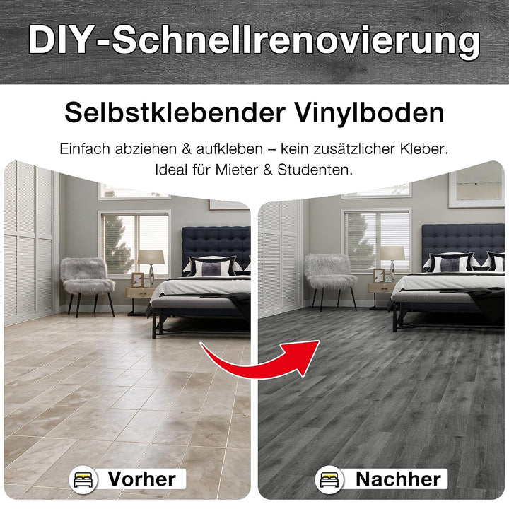 MULGREAT Vinylboden selbstklebend 5,02 m² – Wasserdichter Laminatboden in Dunkelgrau, 36 Fliesen (15
