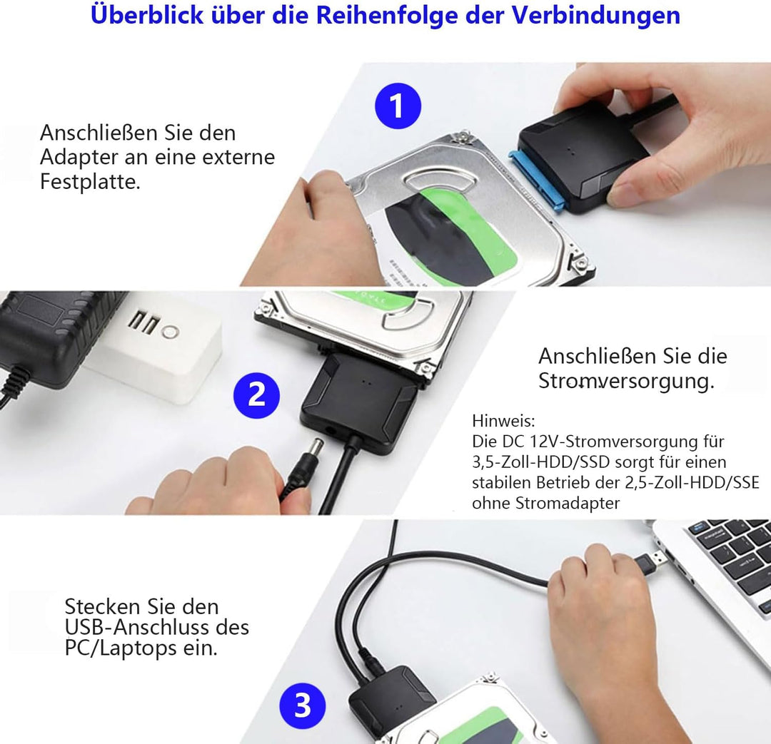 2 pcs USB 3.0 zu SATA-Adapter, Ultra High Speed 2,5 "/3,5" HDD/SSD Festplatte Konverter/Adapter Kabe