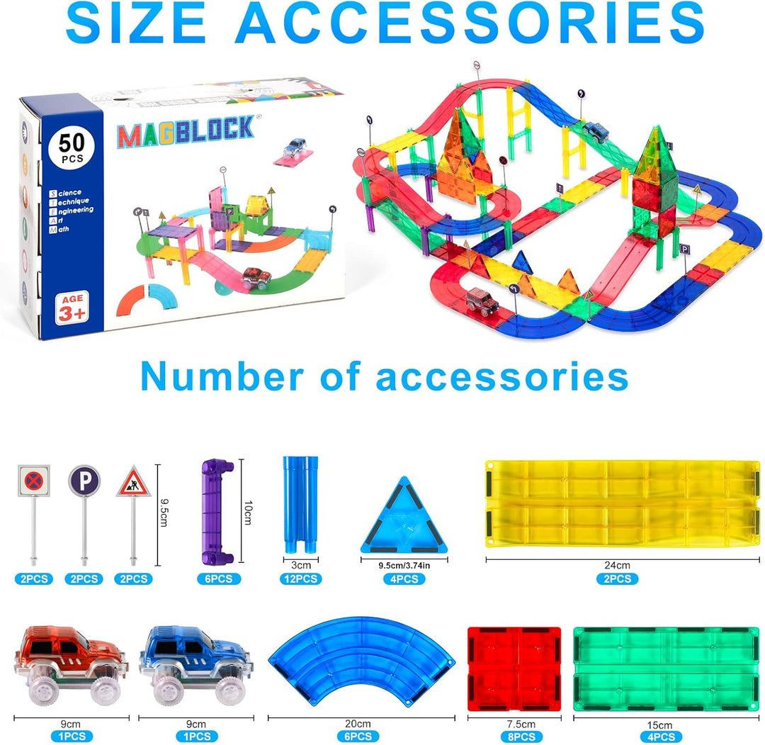 50Pcs Magnetisches Baustein Spielzeug für Bahnrennen, Magnetisches Bauspielzeug mit LED Rennwagen, M