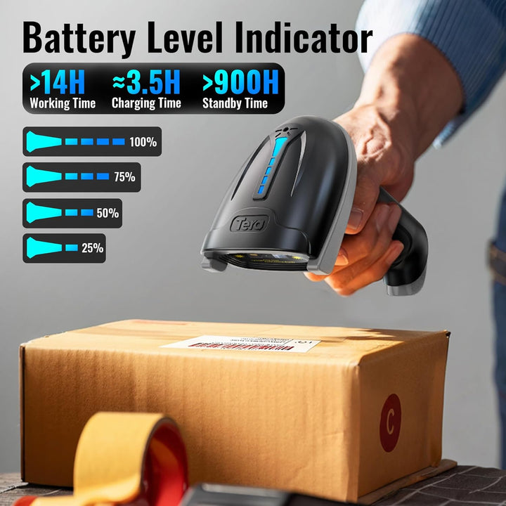 Tera Kabelloser Barcodescanner Handheld 1D Laser Wireless und USB Wired mit Akkustandsanzeige, Extra