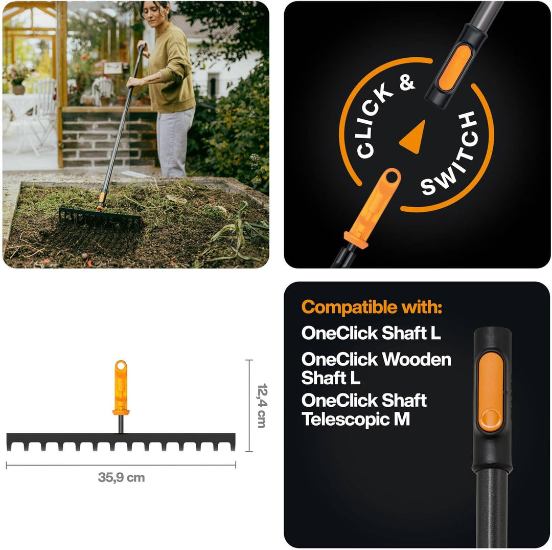 Fiskars OneClick Rechen 14 Zinken, Bodenrechen-Aufsatz für Saatbeete, Müheloses Wechseln mit nur ein