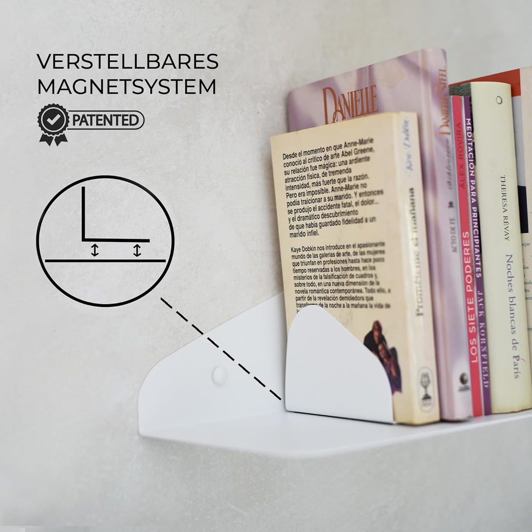 MILUKA Wandregal Weiss 35 cm | 2er Set Bücherregal Wand mit Magnetische Buchstütze | Bücher Regal Hä