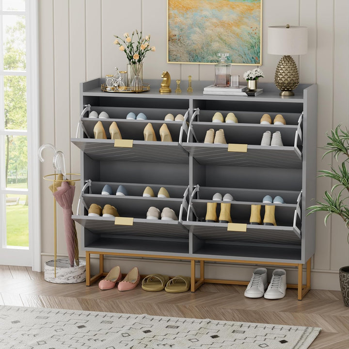 UEV Schuhschrank mit 4 Klappen Schmal,Freistehendes Schuhregal mit Kippschutz, Schuhkommode mit vers