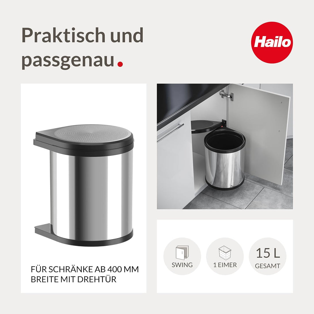 Hailo Mono Küchen-Abfalleimer, Edelstahlpoliert, Schwarz, One