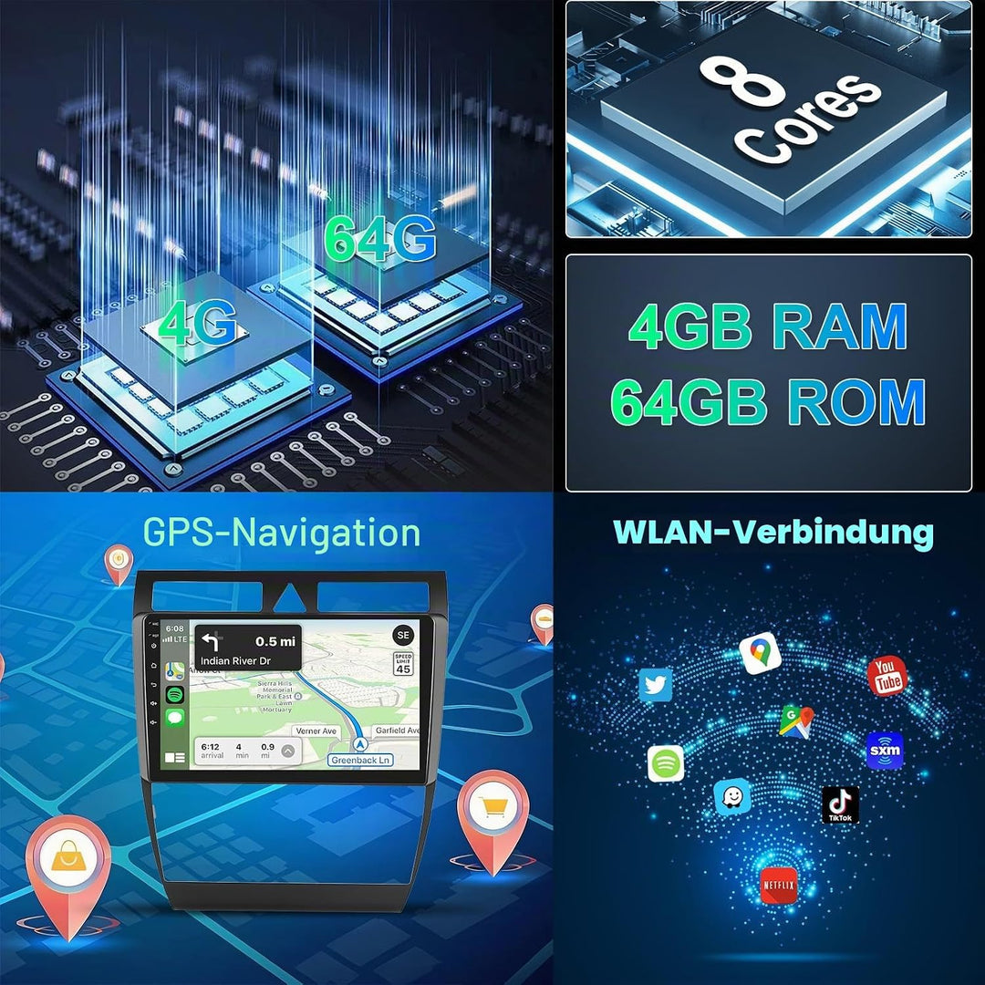 8 Core 4G+64G Autoradio für Audi A6 C5 1997-2004 S6 1999-2004 RS6 2002-2006,Hodozzy 9 Zoll IPS Touch