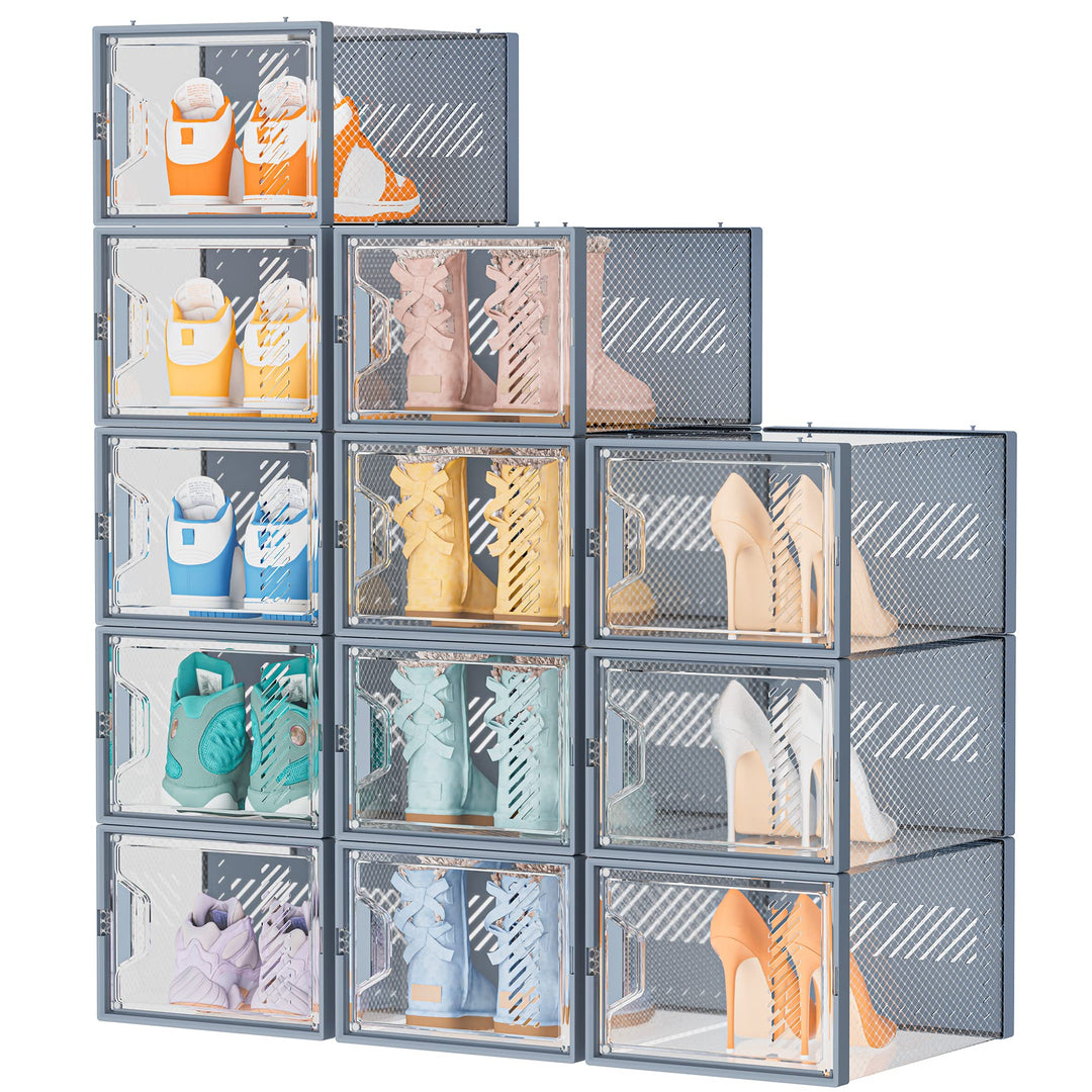 Schuhboxen Stapelbar Transparent, 12er Pack Schuhkarton mit Deckel, Schuhaufbewahrung für Stöckelsch