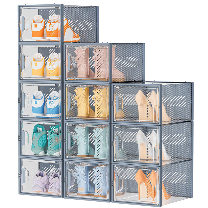 Schuhboxen Stapelbar Transparent, 12er Pack Schuhkarton mit Deckel, Schuhaufbewahrung für Stöckelsch