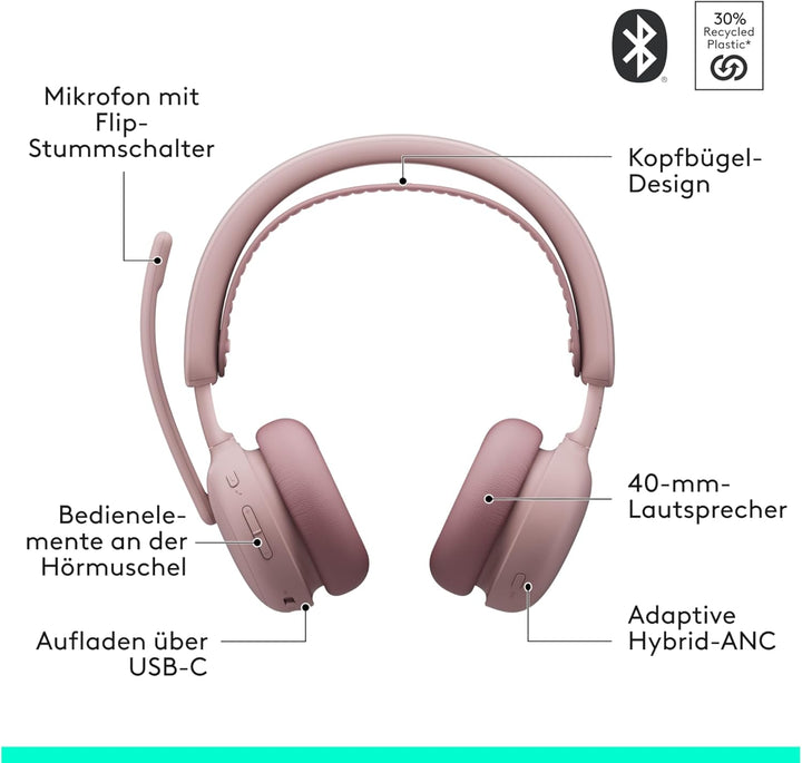 Logitech Zone Wireless 2 ES – kabelloses Headset mit Geräuschunterdrückung, adaptiver Hybrid-ANC, Bl