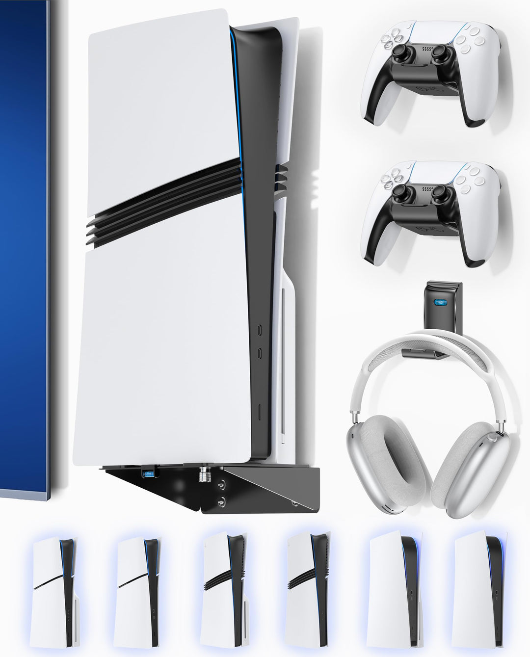 PS5 Wandhalterung für PS5/Slim/Pro mit Headset & Controller Halter, PS5 Stand, Universal 2 Pack Cont