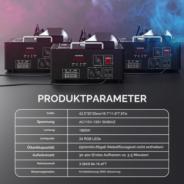 24 LED Nebelmaschine mit Lichteffekt, 1800W Rauchmaschinen Bühneneffekt RGBW Fog Machine mit Fernbed