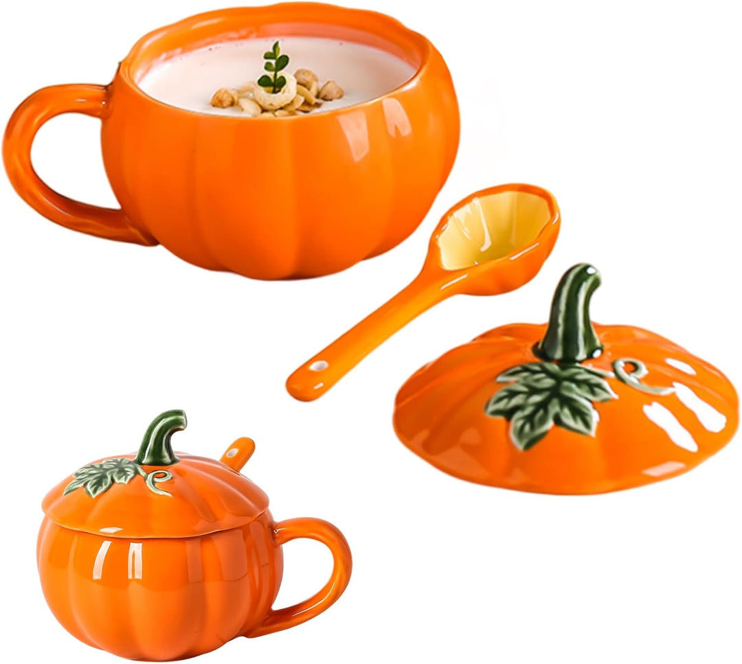 Halloween -Becher Kürbis -Becher mit Deckel und Keramiklöffel, hitzebeständiger Halloween -Kürbis -
