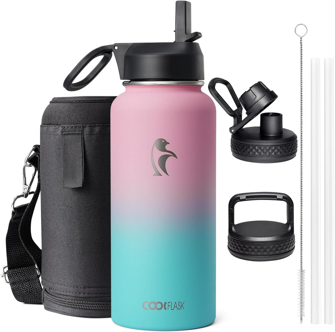 Coolflask Isolierte Wasserflasche 1L, Edelstahl Isolierte Wasserflasche mit Strohhalm & 3 Deckeln, D