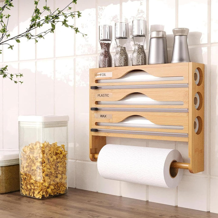 Reusable wrap organizer with cutter‑13.98×11.61×2.76inches wooden kitchen storage holder, fits rolls
