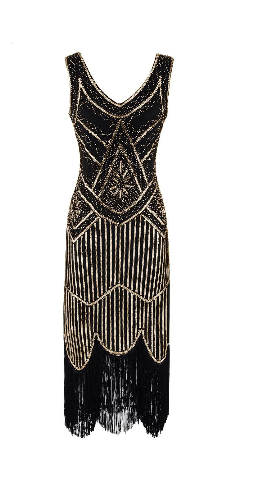 MIMIKRY 20er Jahre Charleston Pailletten Kleid Schwarz/Gold mit Fransen Flapper Damen-Kostüm XXL Sch