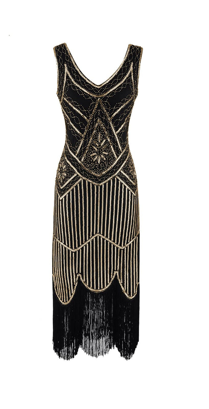 MIMIKRY 20er Jahre Charleston Pailletten Kleid Schwarz/Gold mit Fransen Flapper Damen-Kostüm XXL Sch
