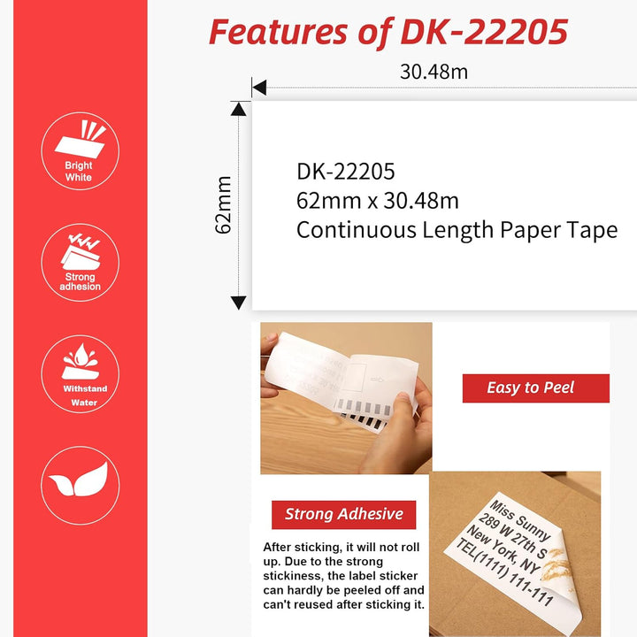 10x MarkField DK-22205 Endlosetiketten 62mm x 30,48m Etikettenrolle Kompatibel mit Brother P-Touch Q